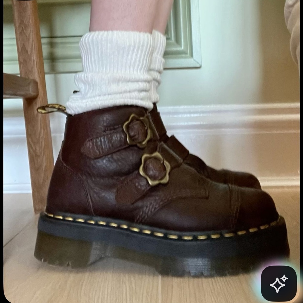 Dr. Martens Dark Brown Leather Platform Flower Buckle Ankle Boots - Picture 6 of 6